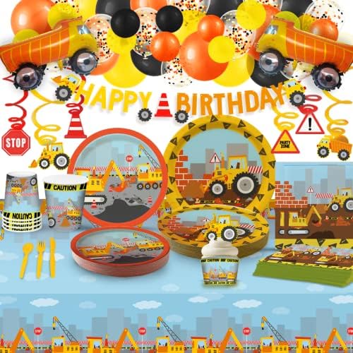 Аксесоари за рожден ден My Greca Construction (на 20 порции) - Украса за момчетата на рожден Ден като на камион - Големи балони от фолио, Чинии, Чаши, Пълнежи и опаковки за кифли, ?