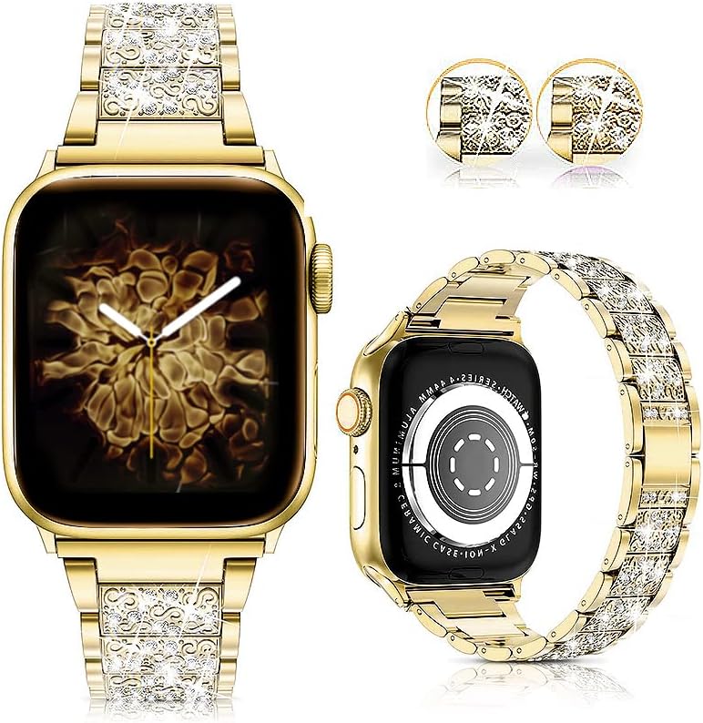 dongmet е Съвместим с каишка на Apple Watch 45 мм 44 мм 42 мм 41 мм 40 мм, 38 мм, серия 8 7 6 5 4 3 2 1 SE, Женски Взаимозаменяеми гривна iWatch Band, Метална гривна с диаманти и кристали