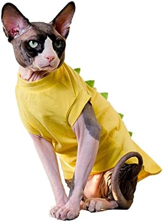 Дрехи за котки Sphynx с модел на Динозавър, Летни Сладки Дишащи Памучни тениски с кръгла яка, Тениски с коте и ръкави, Дрехи за домашни любимци за котки (S (3,6-4,9 кг), жълт)