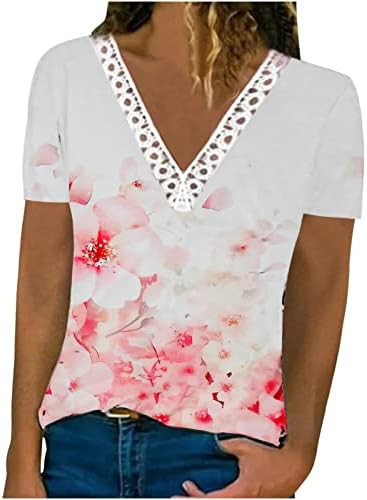 Момичета-тийнейджърки Vneck Лейси в памучна Тениска с Цветен Модел Ежедневна Блуза за Жени Есен-Лято QT QT