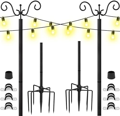 Поставка за улични струнни лампи стълбове - 2 бр. Шест за окачване на външни струнни светлини - 9 ФУТА Регулируеми Метални Струнни лампи пръти с куки за Огради двор, Г?