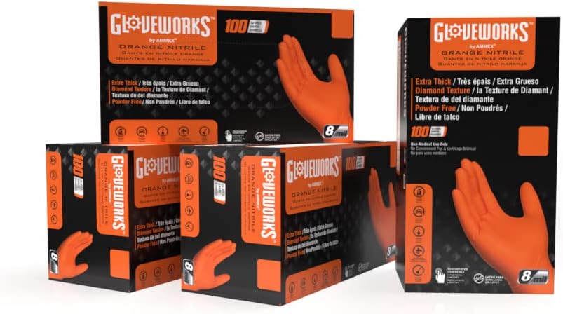 Промишлени ръкавици за еднократна употреба GLOVEWORKS HD Orange от нитрил, 8 Mils, без латекс с релефни диамантената шарка, 5 Кутии по 100