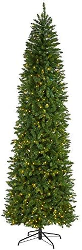 9 фута. Тънка Изкуствена Коледна елха от Зелени Планински бор с 600 Прозрачни led крушки