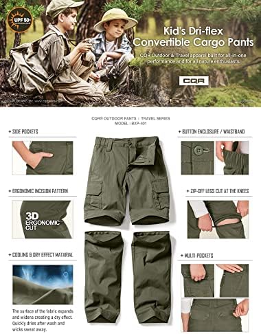 CQR Детски Младежки Туристически Панталони-Карго, бързо съхнещи Сгъваеми Панталони с ципове UPF 50+, Панталони за нощуване на Открито