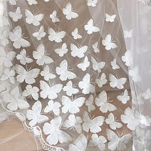 Лейси Плат Pumfabric за Сватба, 1 Ярд, Бяла Лейси Плат-Пеперуда с Прозрачни Пайети, Сребърна Нишка, Сватбена