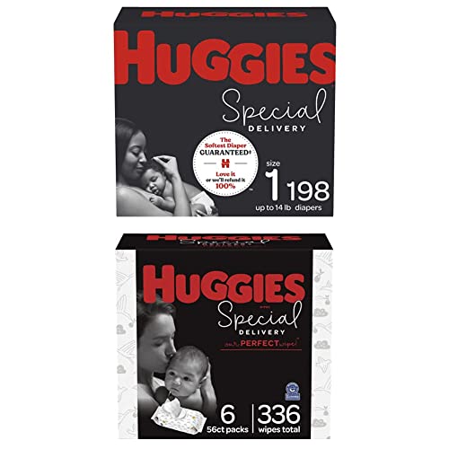 Комплект детски памперси и кърпички: Гащичките Huggies специална доставка, размер 1, (198 карата) и салфетки за памперси