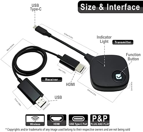 Комплект безжичен удължител USB-C за HDMI, USB предавател-C приемник, HDMI 10 м /30 метра. за лаптоп, телефон | Подкрепя Airplay, SmartView, Mirror Screen, Miracast от J-Tech Digital [JTECH-WDEX-10M]