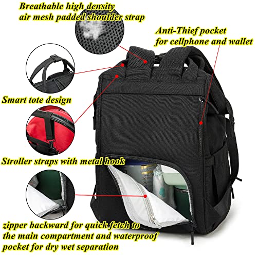 Раница-чанта за Памперси QWREOIA с USB порт за зареждане, Колани за Колички и Изолиран джоб, Тактически нож военен Раница за Пелените за татко/мама (черен)