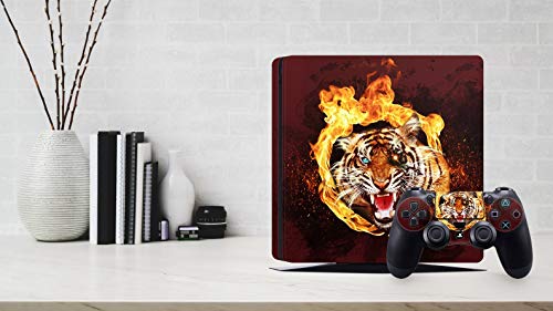 ZOOMHITSKINS Скинове за конзолата PS4 Pro и контролер, Safari Zoo Fire Red Flames Тигър King Animal Dangerous Високо качество, дълготрайност, без мехурчета, без слуз, 1 Кожа конзола, 2 обвивки контр