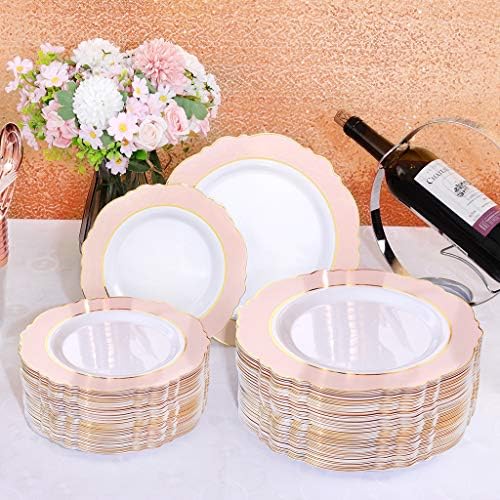 WDF 60 бр. Розови Пластмасови чинии - 10,25 цолови за Еднократна употреба Кът чинии розов и златен цвят, в бароков стил, за престижна партита и сватби -Специално за сватби,