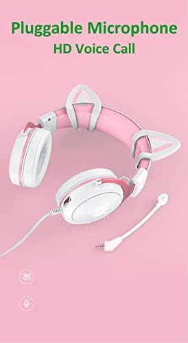 ЛГБН-Слушалки с Красиви Кошачьими Уши, RGB-Кабелни Слушалки с микрофон, Поворачивающимся на 360 °, Лека Детска стерео слушалки за момичета, Розово / Бяло
