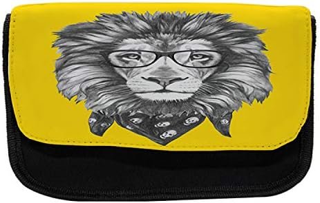 Модерен Ретро молив случай Lunarable, Очила Битник Lion, Тъканно Чанта за моливи с двоен цип, 8,5 x 5,5, Сиво и Жълто