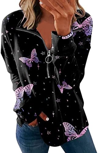mmknlrm Дамски ежедневни hoody с дълъг ръкав и ревера на мълния, свободен пуловер с принтом, дамски цветен hoody (лилаво, L)