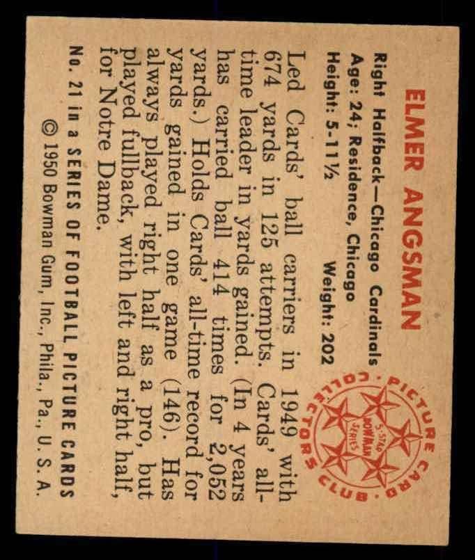1950 Боуман # 21 Elmer Ангсман Чикаго Кардиналс-FB (Футболна карта) EX/MT Кардиналите-FB Нотр-Дам