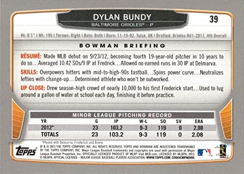 2013 Bowman Baseball 39 Картичка начинаещ Дилън Бънди