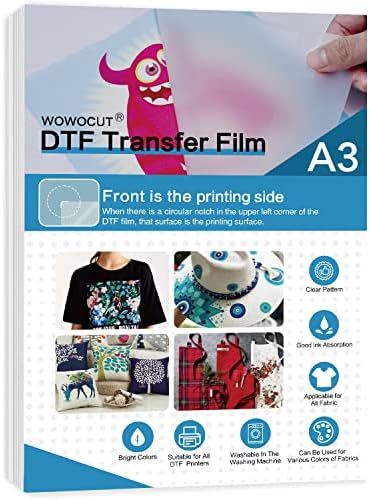 Филм за прехвърляне на DTF WOWOCUT формат А3 (11,7 x 16,5), 50 Листа, Двустранен Мат PET Термотрансферная хартия за директен печат DTF на текстиле тениски, за принтер Epson Inkject