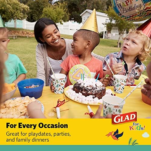 Хартиени чинии Glad for Kids 8 1/2 инча | Малки Кръгли Хартиени чинии с Динозаври | Еднократна употреба Хартиени Чинии за микровълнова фурна, Устойчиви на замачиванию, Кръг?