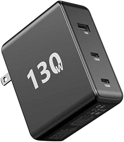 Зарядно устройство, USB C мощност 130 W, 3 порта, зарядно устройство GaN Мощност 100 W, - Бързо Монтиране на Зарядно Устройство PD Мощност 100 W, Адаптер USB-C за MacBook Pro/Air, iPad, iPhone 14 13