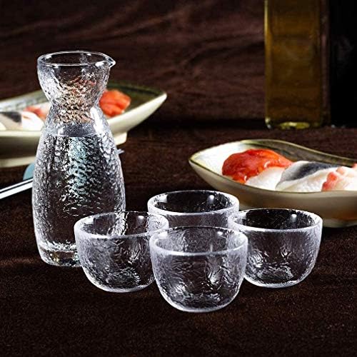 Японски чаши за студено саке Трезвост, прозрачен Уникален модерен плаващ дизайн, с 1 decanter за саке и 4 чаши Саки за приготвяне