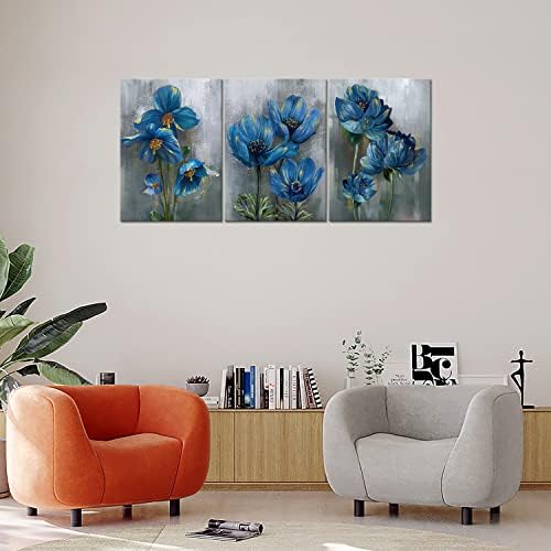 Синьо Цвете Стенно Изкуство, Цветя На Сив Фон Природа Пейзаж Печат върху Платно Стенно Изкуство от 3 теми