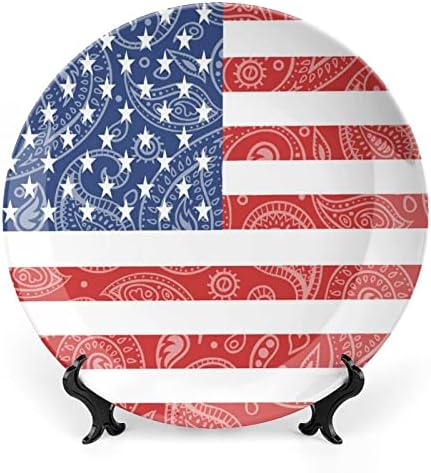 Пейсли Американски Флаг Декоративна Чиния Керамични Плочи Стенен Декор с Поставка за Дисплей за Украса на вашия Домашен
