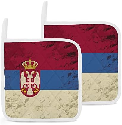 Реколта кухненски ръкавици със Сръбски Флаг, Топлоустойчива Поставка за Топли Ястия, кухненски ръкавици за Готвене, Кухненски Комплект от 2 Теми