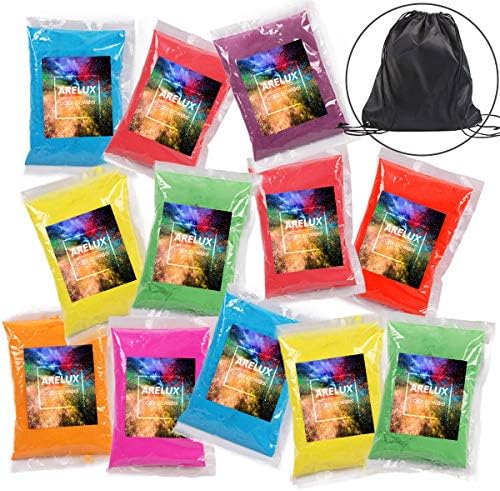 Цветна компактна пудра ARELUX 12 опаковки, 8 цвята Holi Powder в пакетчета по 70 г, с преносими чанта на съвсем малък, добри пакети за цветни рънове, марафонских забегов, иденти