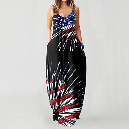 На 4 юли, Макси-рокли за Жени, Лятно Ежедневна Рокля в стил Бохо, Американски Флаг, Sundresses на Бретелях Без Ръкави, С Кръгло деколте и равенство-Боя