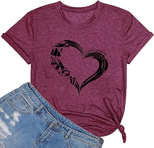 Женска тениска I Love Camping с Хубав Модел под формата на Кемпингового Сърце, Лятна Тениска за Активна Почивка, Ежедневна
