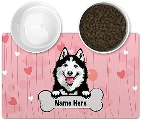 Персонализирана Подложка за Хранене на домашни любимци CafeTime с Розов Фон във формата на Забавно Кучешки Сърца Сибирски Хъски,