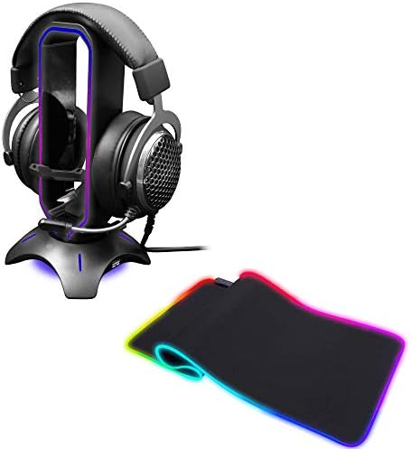Наклонена поставка за слушалки Nation RGB + комплект за игра подложка за мишка RGB - Потопи се в игри - Поставка за гейминг слушалки 3 в 1 с поставка за мишка и USB-възел - Разши