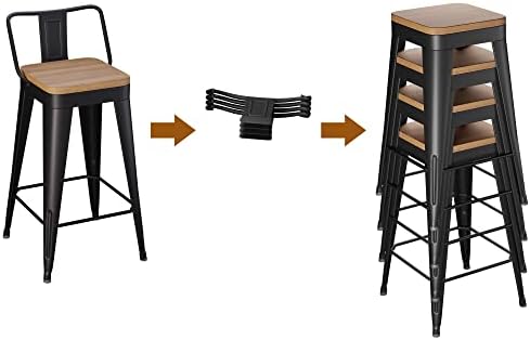Бар столове WENTMENT Комплект от 4 Продуктова столове с височина с багажник Метални Бар Столове с Подвижна облегалка 30 кухнята на Бар Столове с Дървена Седалка, Черен