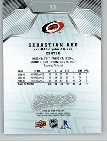 2019-20 MVP на горната палуба 33 Себастиан Ajo Хокейна карта на Каролина хърикейнс НХЛ