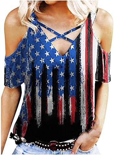 lcepcy Женска Тениска в Деня на Независимостта С открити Рамене, Върхове с Принтом на Американското, Модни Блузи с V-образно