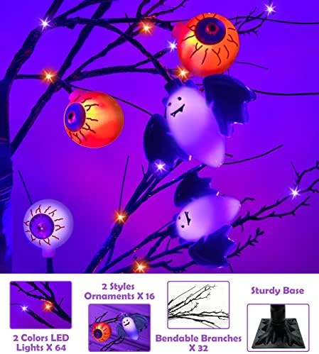 5 Фута Оранжева и лилава Елха с подсветка на Хелоуин, Интериор с Таймер, 64 led и 3D Подсветка, 8 Прилепи и 8