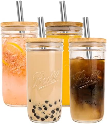 Комплект Стъклени Чаши GARNETIN от 4 опаковки, Чаши Mason Jar Обем 24 грама, Чашата за Кафе С Лед, Бамбукови Шапки и Сребърна