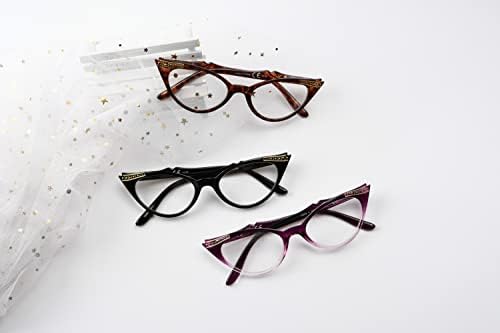 Дамски слънчеви Очила Eyekepper, 3 чифта очила за четене, Женски реколта очила Котешко око (Black / Костенурки/лилав
