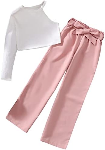 Комплект дрехи OYOANGLE Момиче от 2 теми С деколте на рамо, Кратка тениска с дълъг ръкав и широки панталони С колан