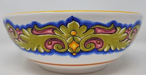Керамична купа с жълти цветя Nova Deruta, зелен, розов и син цветове, Произведено в Италия, Италиански Фаянсови съдове, ръчно изработени за сервиране на масата, Художеств