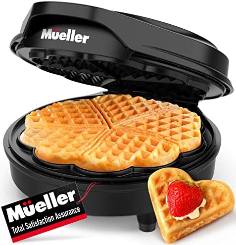 Вафельница Mueller WaffleWiz, Плоча за готвене с незалепващо покритие, Мини-Вафельница във формата на Сърце, 5 Вафли наведнъж, Компактен и лесно моющаяся вафельница, 900 W, Чер