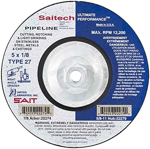 Шлифовъчни кръгове United Abrasives SAIT 22279 5x1/8x5/8-11 Saitech Pipeline Премиум-клас За рязане, 10 бр.