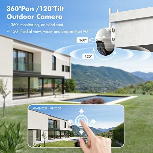 Външна Безжична WiFi-камера за сигурност 2K със завъртане на 360 °, PTZ, Безжични камери ZUMIMALL на батерии за домашно наблюдение, Прожектор и Сирена /Откриване на PIR / 3-Мегапи