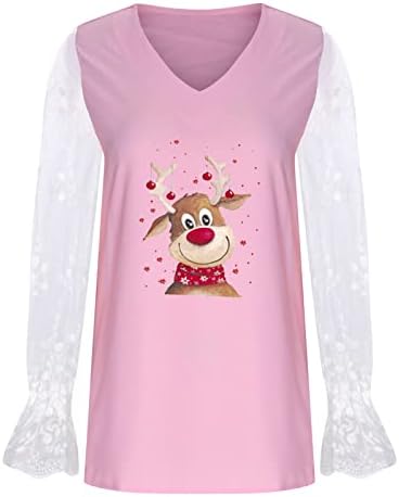 Дамски лейси тениска с V образно деколте и дълъг ръкав, Коледен пуловер с цветен блок с елени, блузи, модни забавна празнична