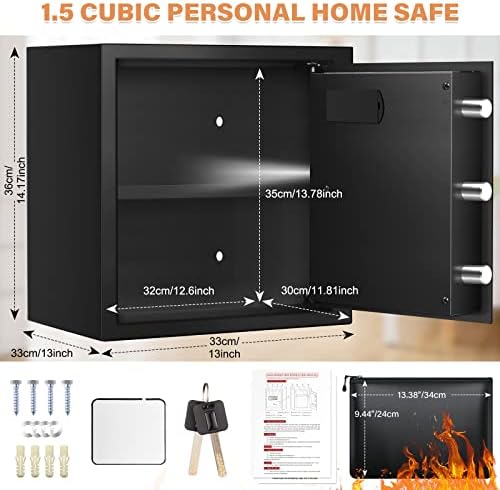 Домашен сейф обем 1,5 куб. См, Пожаробезопасный, Водоустойчив, с Огнеупорни чанта формат А4, система против кражба