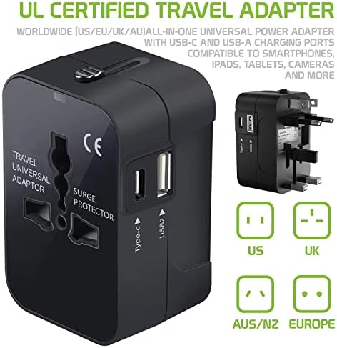 Международен захранващ адаптер USB Travel Plus, който е съвместим с Sony C5306 за захранване на 3 устройства по целия свят USB TypeC, USB-A за пътуване между САЩ /ЕС /AUS/NZ/UK /КН (черен)