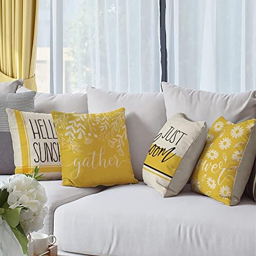 Фарендом, Декоративна Калъфка за възглавница Hello Sunshine, 18x18, пакет от 4, Пролетно-Лятна Жълта Калъфка с цветен модел