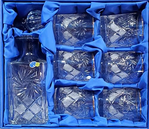 Квадратен гарафа от руски кристал със запушалка 34 грама и 6 чаши в златна рамка - 11 грама за уиски Скоч