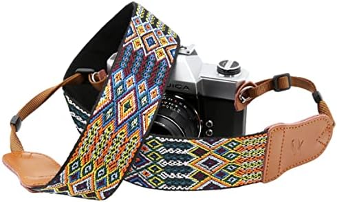 Цветна каишка за фотоапарат - Двуслойни краищата от телешка кожа, с 2-инчов Тъкани каишка за фотоапарат с бродерия