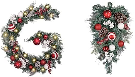 Традиционната Червено-Бяла Коледна Гирлянда Severin Madelyn и Каплевидная Венец на вратата (2 бр), Изкуствена Украса от Гирлянди с Плодове, Борови шишками и Топки за Коледн