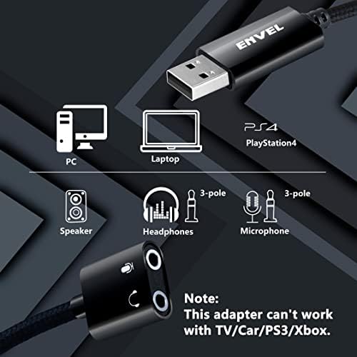 Аудиоадаптер ENVEL USB-3,5 мм, Външна стереофоническая звукова карта с две 3-полюсными конектори TRS за 3.5 мм слушалки и микрофон за PS4 /PS5 / КОМПЮТЪР / лаптоп, Вграден адаптер